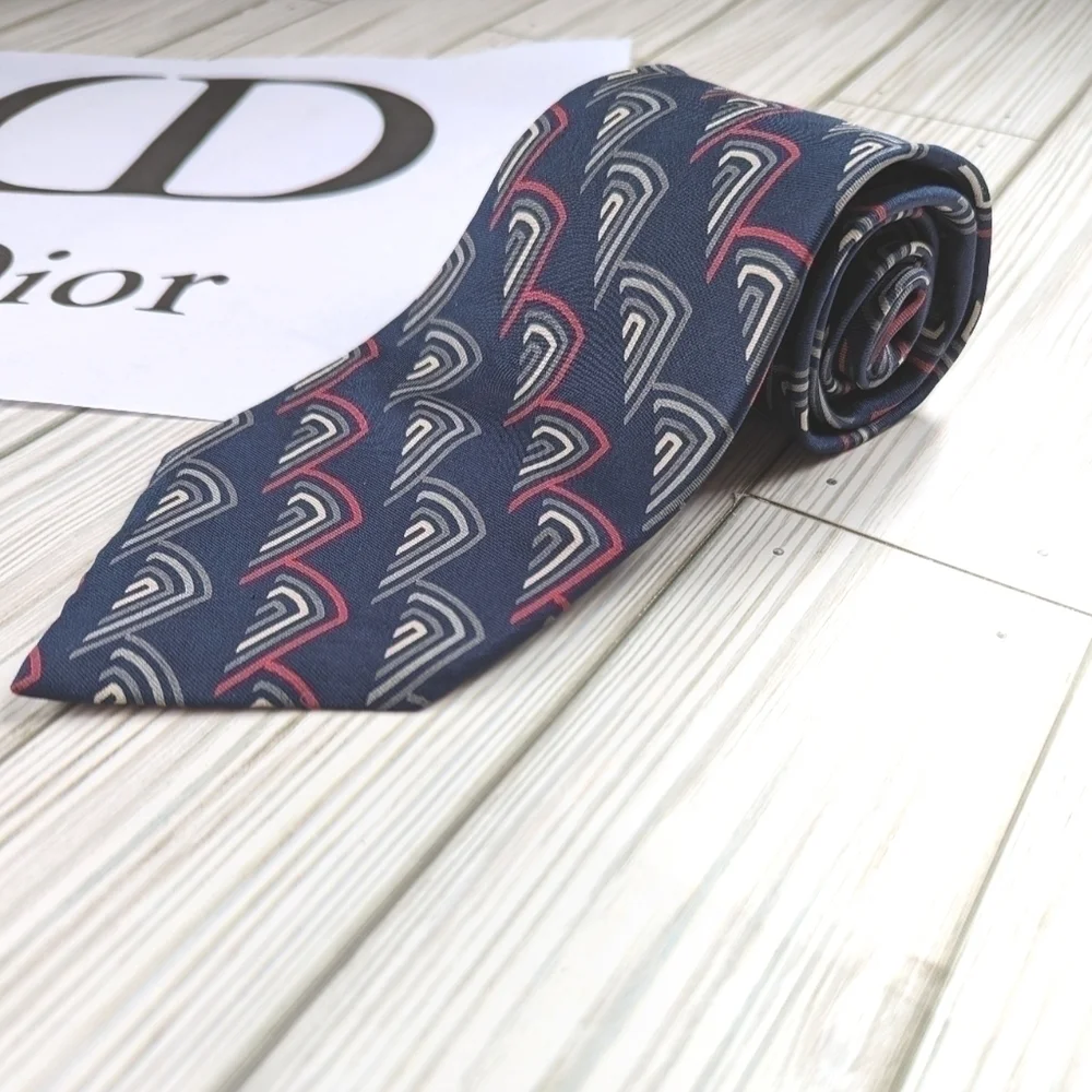 Christian Dior Geometric Silk Necktie Slate Blue Gray